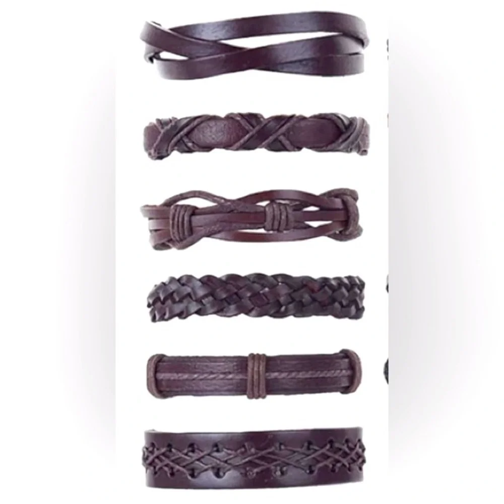 CASDAN 6 Pieces Braided Leather Bracelets Woven Cuff Wrap Bracelets In Brown